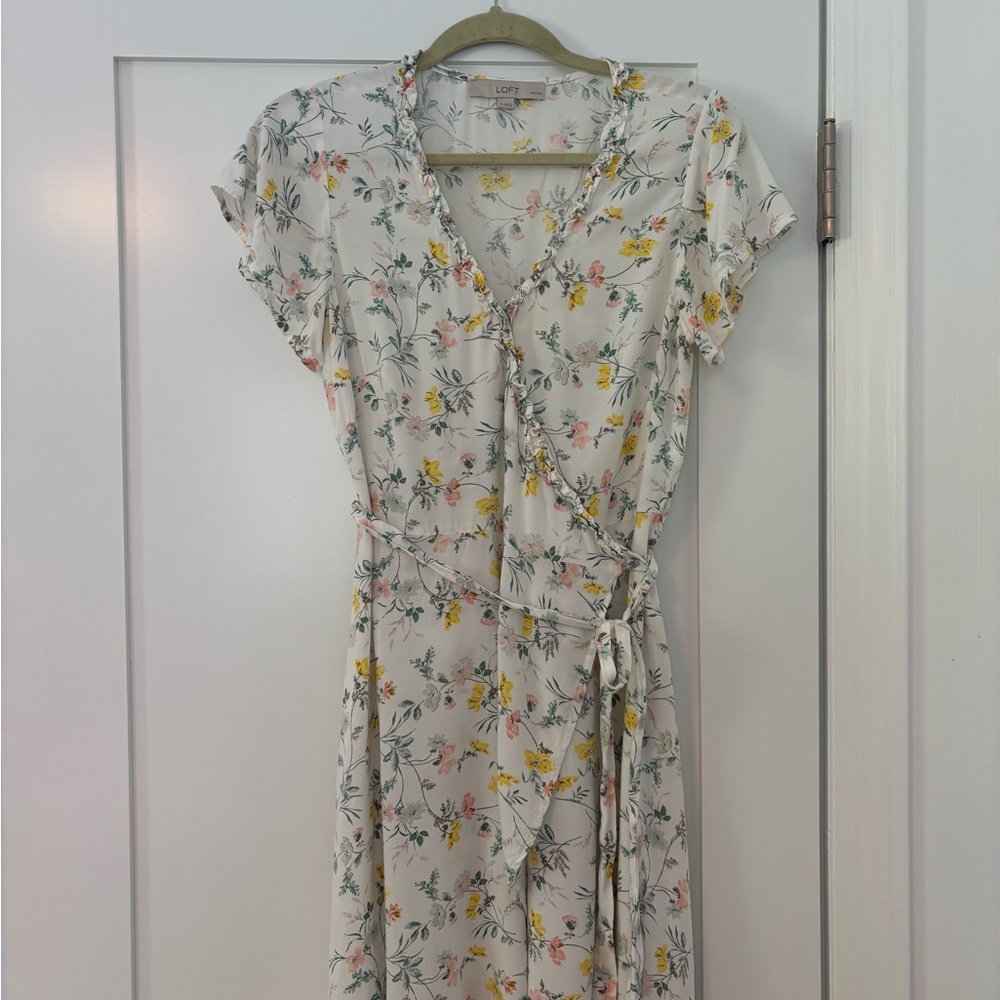 LOFT Yellow and Gray Wrap Sundress with Flutter Sleeves